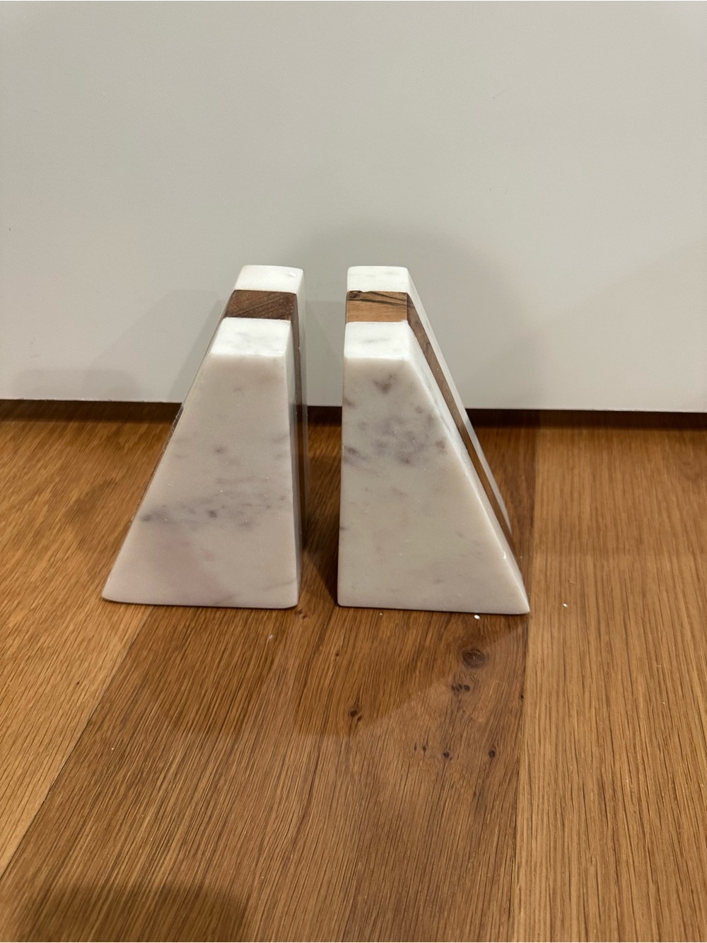 Hello Honey 6" White Marble Geometric Bookends with Wood
Inlay